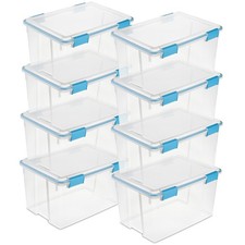 Sterilite 54-Qt Clear Plastic Stackable Storage Bin w/ Gasket Latch Lid, 8 Pack