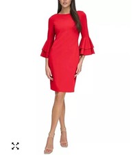 Calvin Klein Sheath Dress Womens 4 Red Ruffle Bell Sleeve Career Office Work NWT