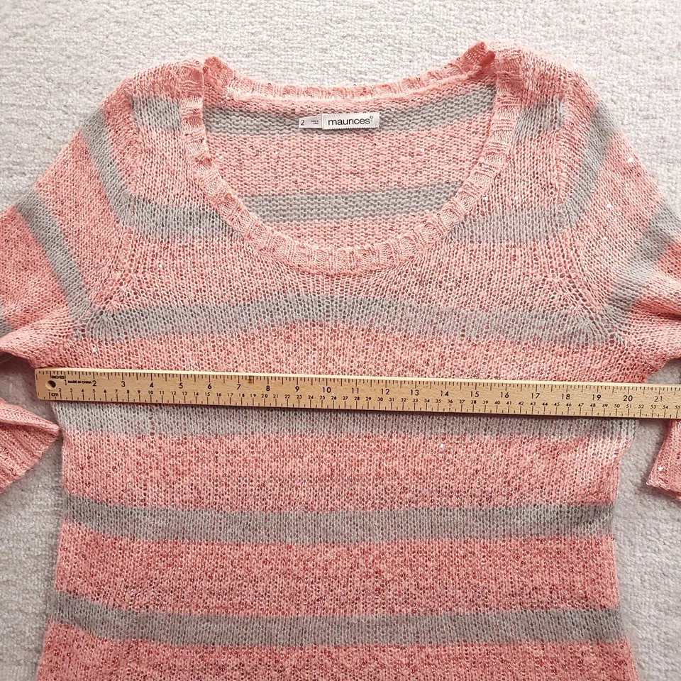 Suéter Maurices Mujer Talla 2 Lentejuelas Rosa Gris Rayas Manga 3/4 Cuello Redondo Foto 3 de 4