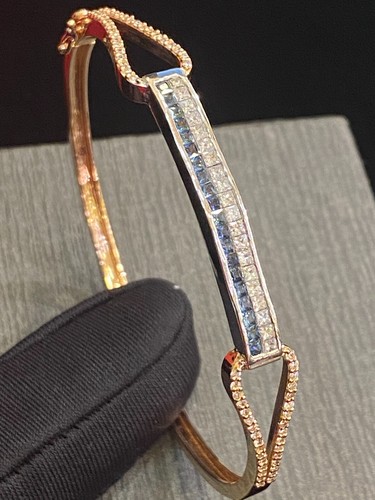 2.20 Cts Princess Round Cut Diamonds Unisex Sapphire Bangle Bracelet In 18K Gold - Picture 4 of 12