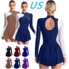 Women Figure Ice Skating Dress Long Sleeve Rhinestone Ballet Dance Leotard Dress