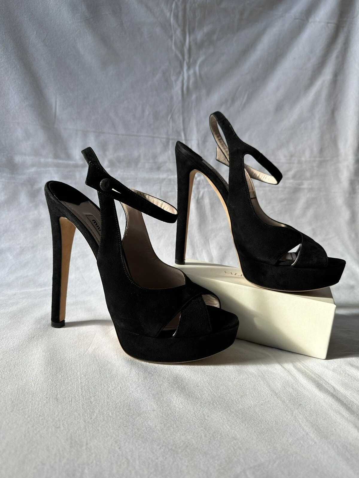 Miu Miu sandalo nero scamosciato punta aperta cinturino plateau slingback pompa tg 39