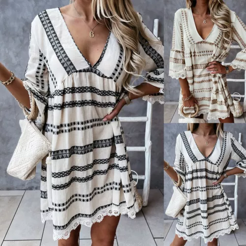 Ladies Holiday Boho Print V Neck Beach Sundress Women Floral Summer Midi Dress - Picture 6 of 17