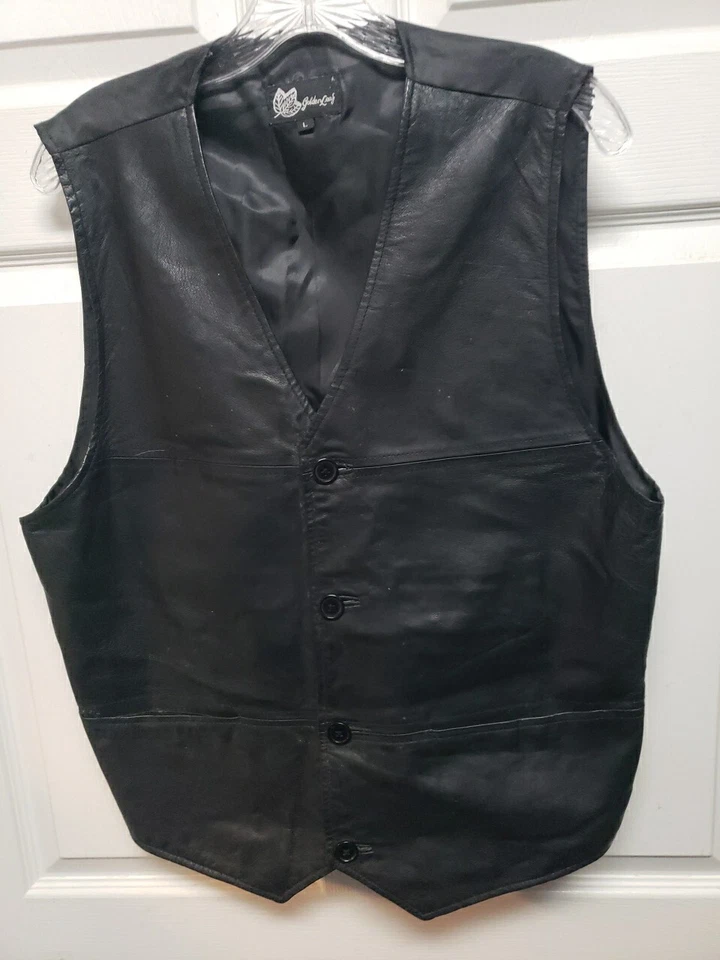 Colete Masculino Antigo de Couro Preto Tamanho G Bolsos Western Folha Dourada Cowboy - Imagem 4 de 4