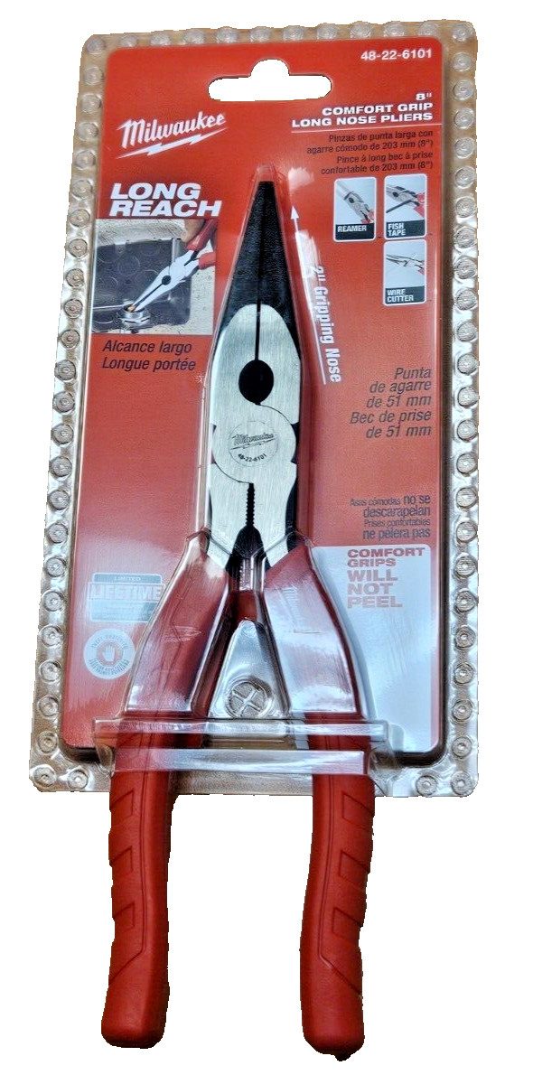 48-22-6101 8" Long Reach Needle Nose Pliers w/ Wire Cutter & Reamer Milwaukee