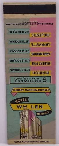 Southwest Hotels, Arkansas, Hotel Wn Len Memphis, Matchbook Cover