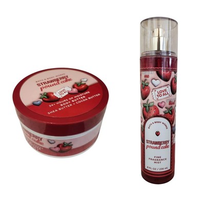 2 BATH BODY WORKS STRAWBERRY POUND CAKE BODY BUTTER, 6.5 OZ + BODY MIST 8 OZ