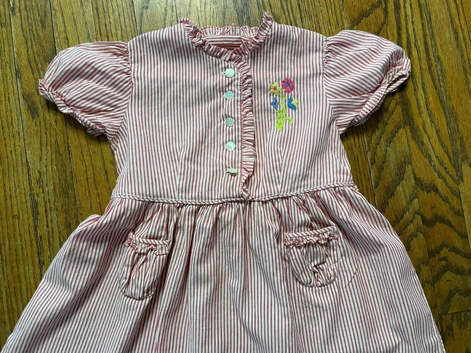 Vestido Cottagecore Vintage Años 50 Bordado Rockabilly Bebé Niña Rayas con Volantes Foto 4 de 4