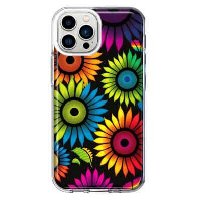 For Apple iPhone 13 Pro Max Shockproof Hybrid Case , Neon Rainbow Glow Sunflower