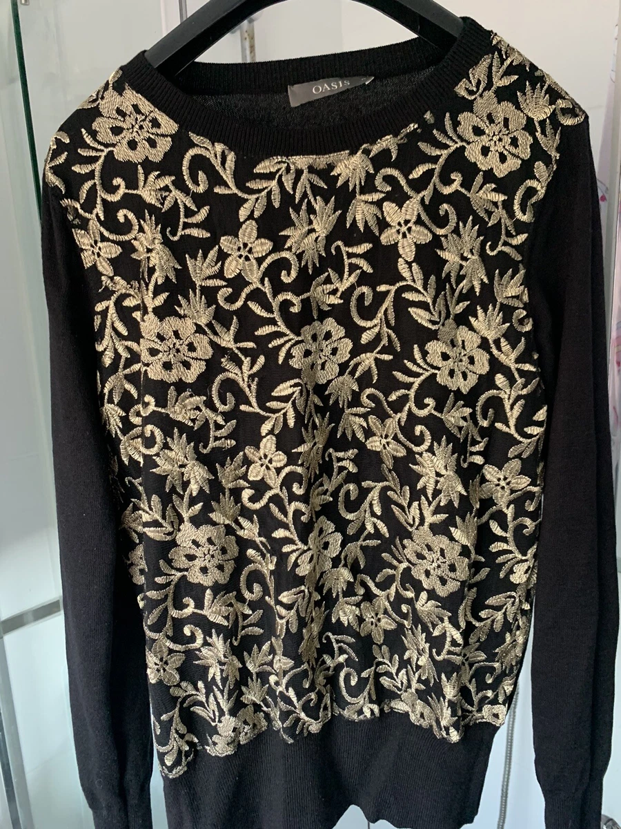 Oasis Black Jumper Gold Embrodiered Front. Worn Twice. Size M. eBay