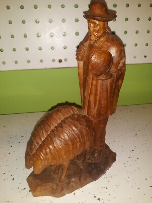 Hand Carved Wood  Shephard W/ Sheep figurine 7.5 inches tall 