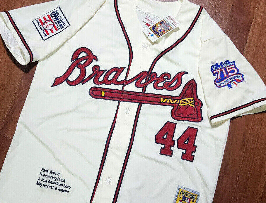 Brand New Atlanta Braves #44 Hank Aaron Cooperstown 2patch sewn Jersey Ivory WS