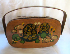 Caro Nan Wooden Basket Purse Turtles Daisies Signed  Hand Painted Vintage