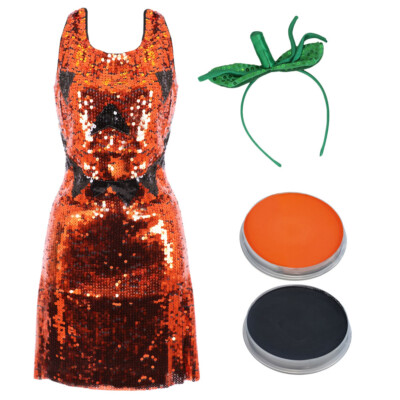 LADIES SEQUIN PUMPKIN DRESS COSTUME PARTY HALLOWEEN ORANGE BLACK FANCY  DRESS | eBay