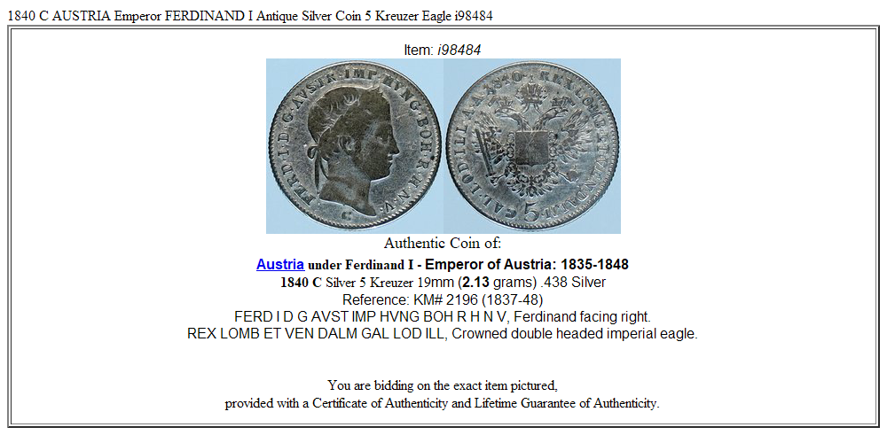 1840 C AUSTRIA Emperor FERDINAND I Antique Silver Coin 5 Kreuzer