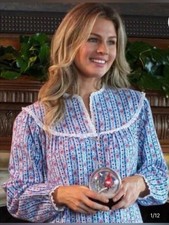 Lanz  of Salzburg Size S Tyrolean Flannel Cotton Floral Nightgown Blue Hearts