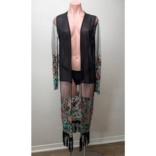 Sheer Floral Embroidered Fringe Kimono Duster Black Women  s M