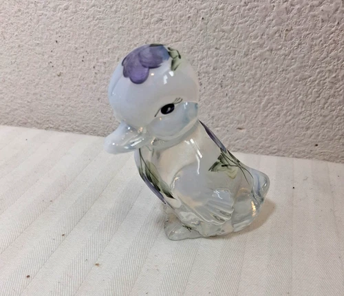 VINTAGE FENTON DUCK FIGURINE OPALESCENT WITH PURPLE FLOWERS & LABELS