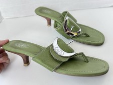 Dr Scholls Green Zodiac Leather Thong Kitten Heel Sandals Silver Buckle Size 8