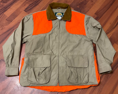 Cabela s Hunting Jacket Mens L Tan Blaze Orange Shooting Coat Field Game Pockets