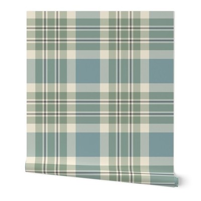 Spoonflower Non-Pasted Wallpaper in Blue Green & Cream Plaid