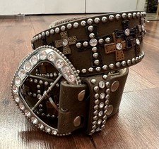 NOCONA WESTERN Women's Leather Cross Applique Studded Rhinestone Belt Sz XL