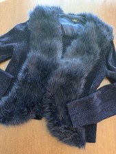 Vintage Navy Blue Cardigan Faux Fur Collar Trim Size Large Pockets Y2K 90 s
