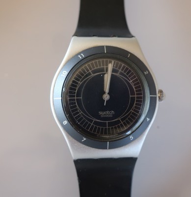Unusual  Rare 1996 Black Dial Aluminum Case Swatch Irony Black strap. Working