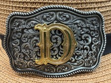 Antiqued Silver Gold Initial D Rectangle Western Cowboy Floral Vine Belt Buckle