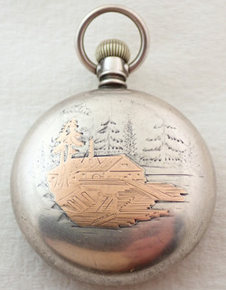 ANTIQUE 18s OPEN FACE LEVER SET TWO TONE LOGGING SCENE POCKET WATCH CASE