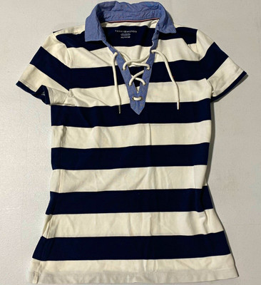 Tommy Hilfiger Women's XS Navy/White Striped Lace-Up Collared Short Sleeve Polo