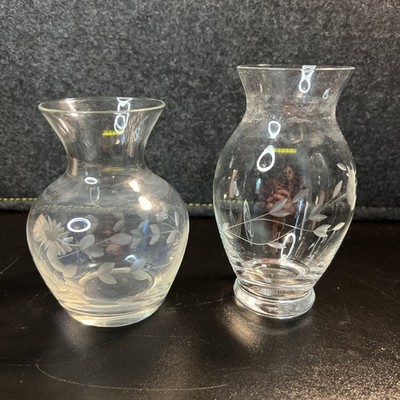 (2) Princess House Heritage 4.5'' 5'' Flower Vase Etched Floral Clear Glassware
