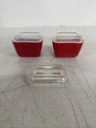 2 Vintage Red Pyrex Small Refrigerator Dish 0501 With Lids And Spare Lid