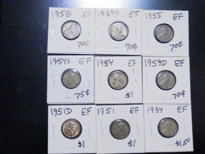 9 Circulated EF Lincoln Wheat Cents 1934 to 1958