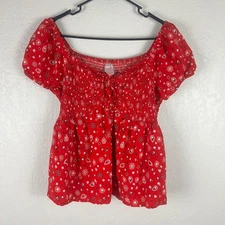 Y2K Junior Twist Front SmockedTop Blouse Sz XXL Short Paisley Red