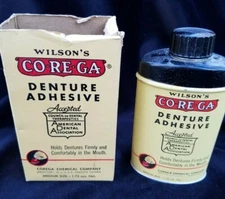 Old Advertising Dental Tin Co-Re-Ga Denture Adhesive Corega Chemical Jersey City