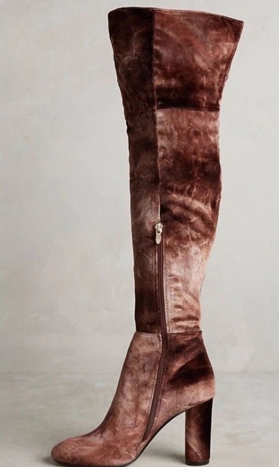 Bota Free People Silent D Tacón Sobre la Rodilla Ombre Terciopelo Marrón Tostado 41/10 NUEVA Foto 3 de 4