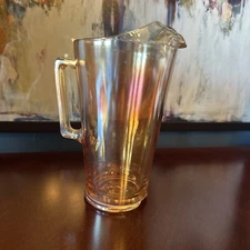 VTG Carnival Glass Pitcher Jeanette Depression Marigold Iridescent Orange 8 1/2”