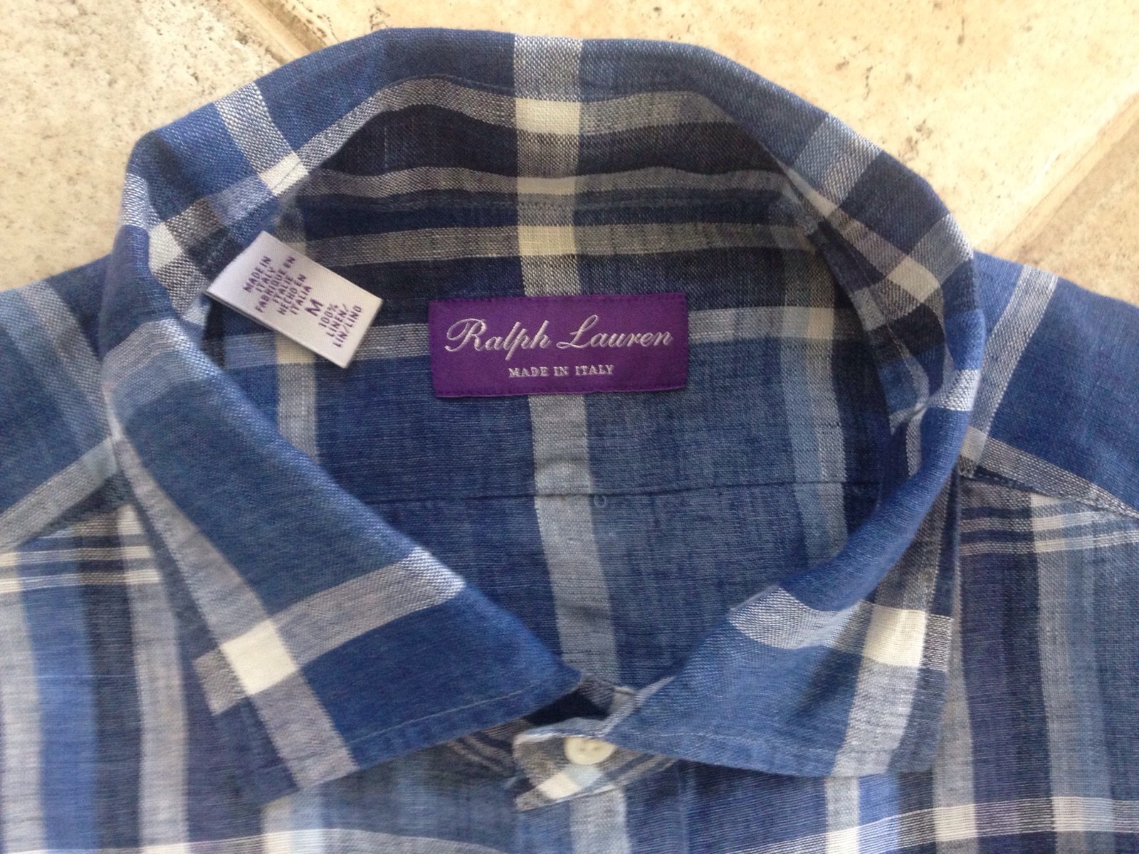 Man Ralph Lauren Blue Checked Linen Shirt Purple Label Collection Sz M RRP £350 image 5