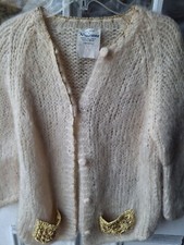 Vintage Rossan Alan Hand Made Mohair Sweater Cream Gold Trim Pockets Small Med