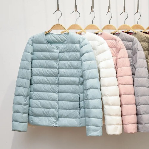 Women Duck Down Jacket O-neck Winter Warm Collarless Ultralight Quilted Puffer - 第 1/38 張圖片
