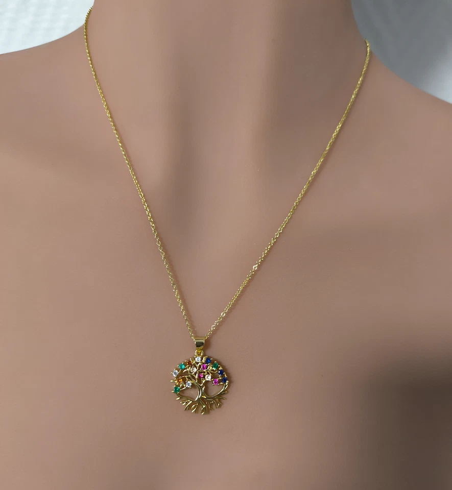 Collier - Femme - Pendentif - Arbre de Vie - Multicolore - Plaqué Or Jaune 585 - Photo 4/4