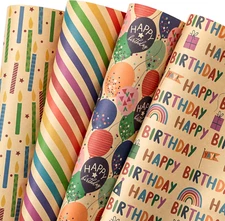 Kraft Birthday Wrapping Paper Sheet - 12 Sheets Folded Brown Kraft Paper Bright
