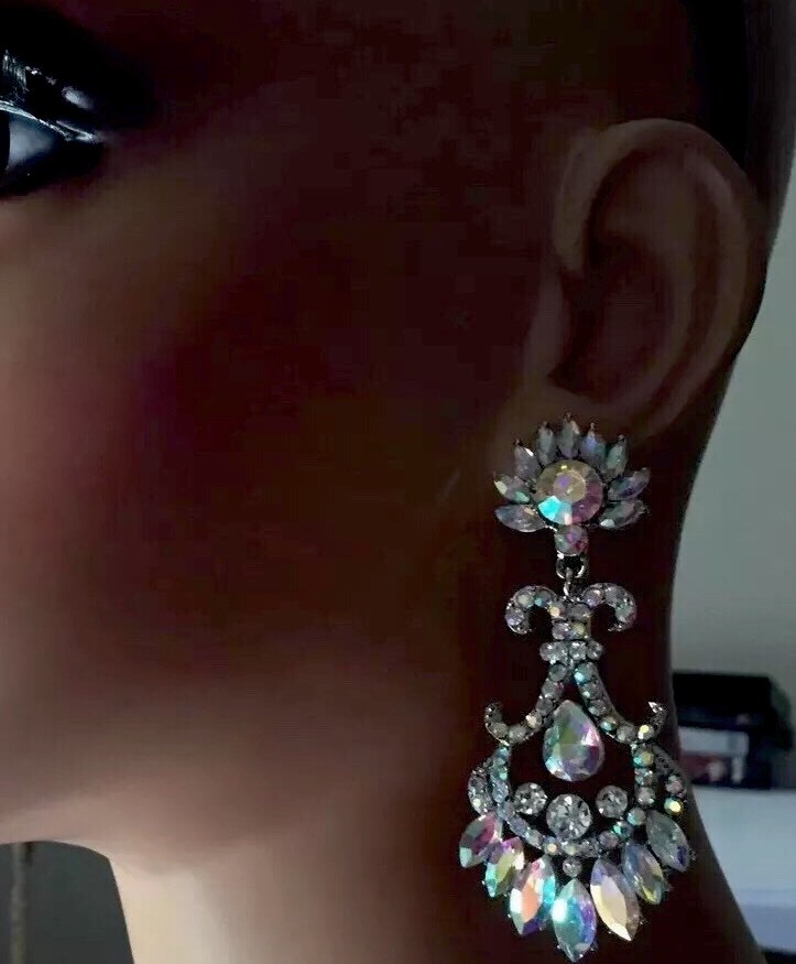 "2.75\" Long Silver Clear Aurora Borealis AB Austrian Crystal Pageant Earrings"