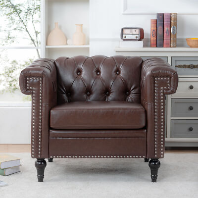 Modern PU Leather Upholstered Accent Arm Chair Single Sofa Wooden Legs Brown