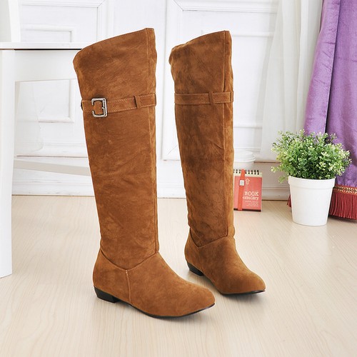 Womens Knee High Boots Flat Faux Suede Low Heel Pull On Slouch Shoes New - Picture 6 of 19