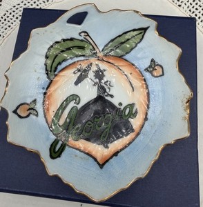 Georgia Peach Souvenir Plate Hand Painted Japan 4.5 Inches Leaf Shaped