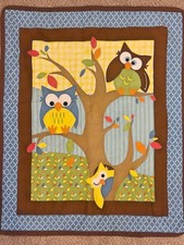 Owl Baby Crib Quilt Wall Hanging Handmade Gender Neutral Woodland Nursery 34x41