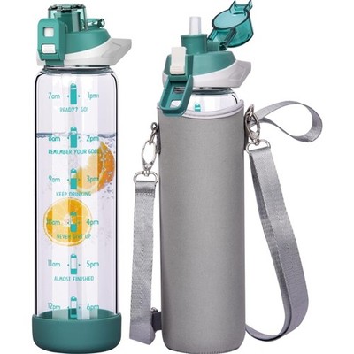 Sport Trinkflasche Glas 1L mit Strohhalm und Motiv Uhrzeit Grün Flasche