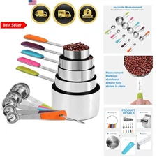 Measuring Cups and Spoons Set Stainless Steel 10 Piece Colorful Handles Kitchen